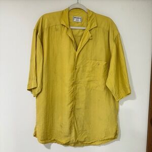 Otto Kern Mens Mustard Yellow Silk Short Sleeve Button Down Camp Shirt Vintage L